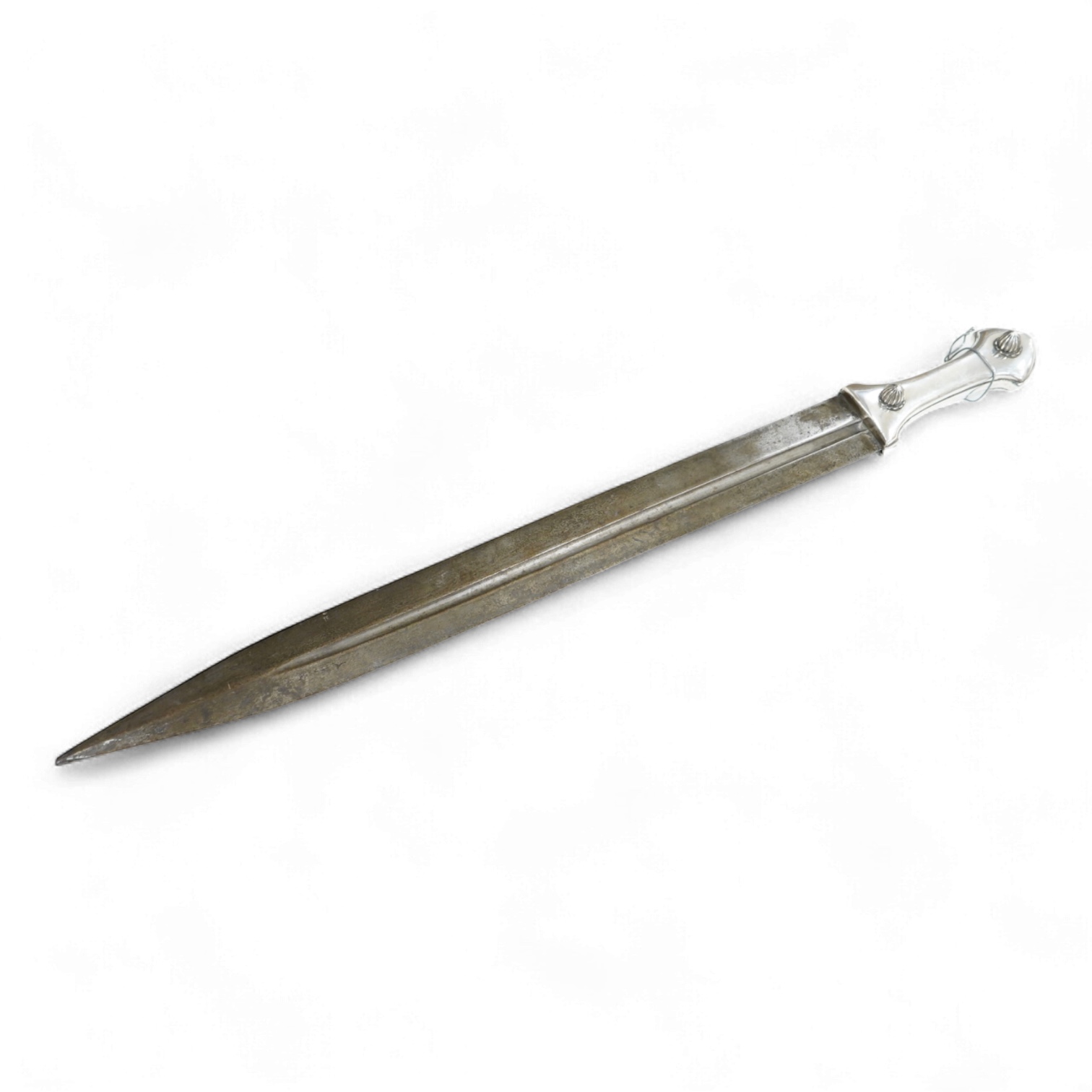 A late 19th century Ottoman Turkish dagger kindjal, blade 49cm, plain silver handle with decorative rivet heads